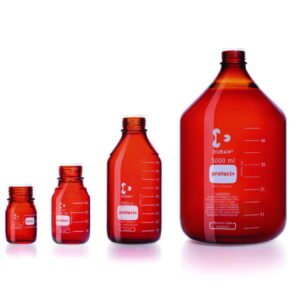 DWK Duran Laboratory Glass Bottle GL 45 Amber Protect Plastic Coated PA12 with Dust Cap - 250 mL