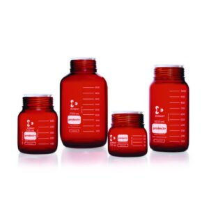 DWK Duran GLS 80 Laboratory Glass Bottle, Amber, Protect+ Plastic-Coated (PA12), with Dust Cap, 2000 mL