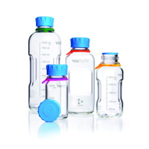 DWK Duran YOutility Bottle, 125 mL, Clear, Graduated, GL45, with Screw Cap and Pouring Ring, PP, Pack of 4