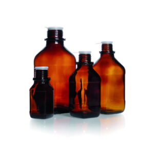 DWK Duran Square Screw Cap Bottle, Narrow Neck, Soda Lime Glass, Amber with Dust Proof Cap, 100 mL