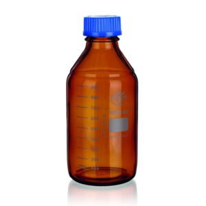 Bohemia Cristal Laboratory Thread Bottle, 250ml with Blue Cap and Effuse Ring, GL-45, Brown Coated, ISO 4796-1, Borosilicate Glass 3.3