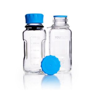 DWK Duran YOutility Bottle, 250 mL, Clear, Graduated, GL45, with Screw Cap and Pouring Ring, PP, Pack of 4