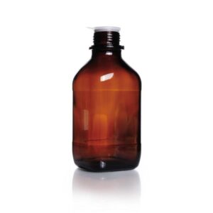 DWK Duran 1000 mL Amber Soda Lime Glass Square Bottle, Narrow Neck, with Dust-Proof Cap