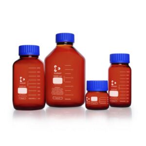 DWK Duran Laboratory Glass Bottle 250 mL, Amber, GLS 80 Wide Neck with Screw Cap and Pouring Ring