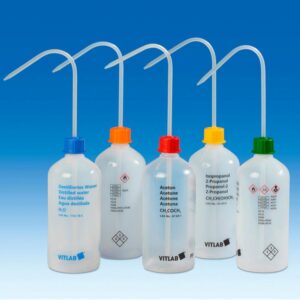 VITLAB Safety Washing Bottle 500 ml Narrow Neck, PE-LD, GL 25, i-Hexane, with VENT CAP Screw Connection