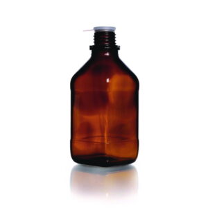 DWK Duran Square Screw Cap Bottle, Narrow Neck, Soda Lime Glass, Amber with Dust Proof Cap, 500 mL