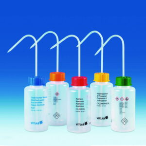 VITLAB Safety Washing Bottle 500 ml, Wide Neck, PE-LD, GL 45, Ethanol, with Vent Cap Screw Connection