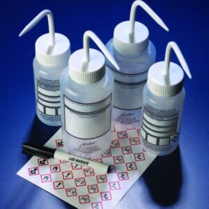DWK Wash Bottles 1000 mL Wide Neck with Write-on Labels and Adhesive Hazard Labels, Multi-lingual, Pack of 5