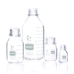 DWK Duran Laboratory Glass Bottle, GL 45, Clear, Plastic Coated (PA12), with Dust Cap, 100 mL