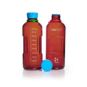 DWK Duran YOUTILITY Bottle 1000 ml Amber, Graduated, GL 45, with Screw-Cap and Pouring Ring (PP), Pack of 4